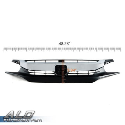 Solid Spare Fit For 2016-2018 Honda Civic 10th Black Front Upper Grille Grill w/ Chrome Trim