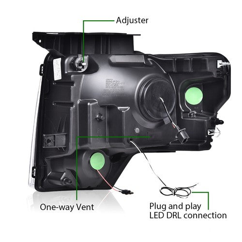 Solid Spare Fit For 2009-2014 Ford F-150 Smoke Lens Dual LED Projector Headlights Left+Right