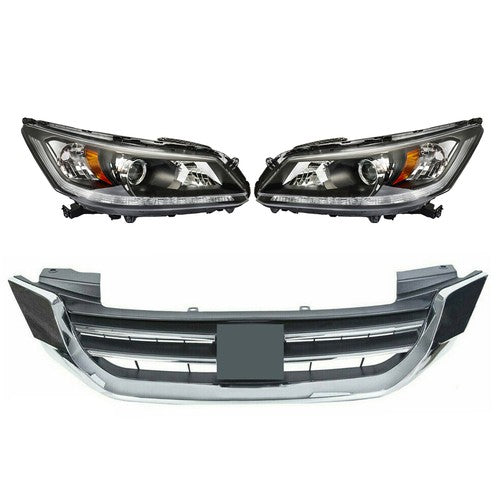 Solid Spare Headlights W/LED DRL Halogen& Bumper Grille For 13-15 Honda Accord Chrome Pair