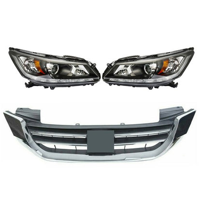 Solid Spare Headlights W/LED DRL Halogen& Bumper Grille For 13-15 Honda Accord Chrome Pair