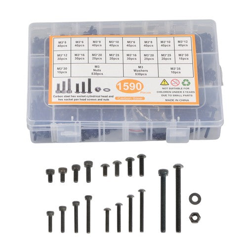Solid Spare 1590 Pack M3 Screw Kit Hex Button & Socket Head Bolts and Nuts Washers Set