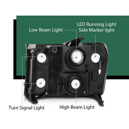 Solid Spare Fit For 07-14 GMC Sierra 1500 2500 3500 Smoke Lens LED Tube DRL Headlights