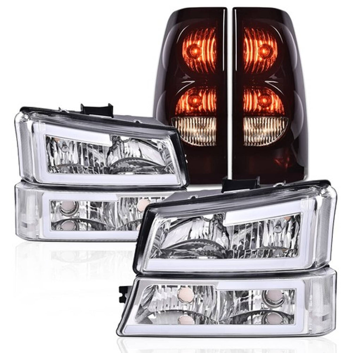 Solid Spare Fit For 03-06 Chevrolet Silverado LED DRL Clear Chrome Headlights+Tail Lights