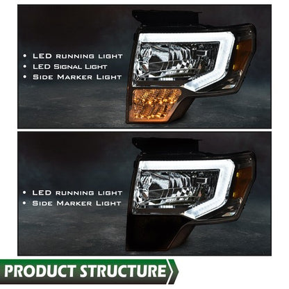 Solid Spare Fit For 2009-2014 Ford F-150 Amber Corner Chrome Housing LED DRL Headlights