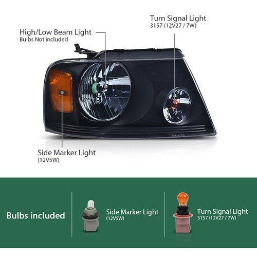 Solid Spare Fit For 2004-2008 Ford F150/Lincoln Mark LT Smoke Lens Black Headlights Assembly