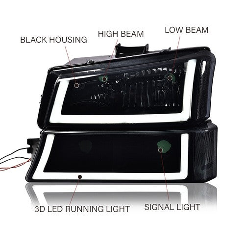 Solid Spare Fit For 2003-2007 Chevy Silverado Smoked Lens Black Housing LED DRL Headlights
