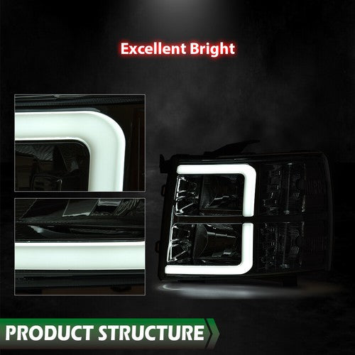 Solid Spare Fit For 2007-2013 Chevy Silverado LED DRL Tube Headlights Headlamps Chrome/Clear