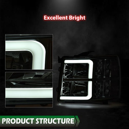 Solid Spare Fit For 2007-2013 Chevy Silverado LED DRL Tube Headlights Headlamps Chrome/Clear