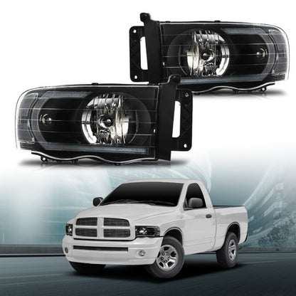 Solid Spare Clear/Black LED Tube DRL Headlights Fit For 2002-2005 Dodge Ram 1500 2500 3500