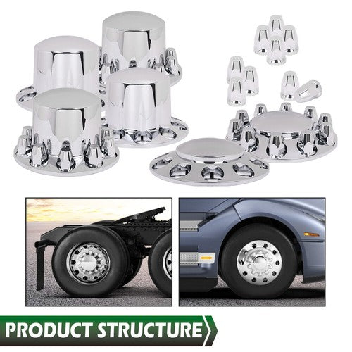 Solid Spare Complete 33mm Lug Silver Hub Cover Semi Truck Wheel Axle Cover Kit Front & Rear