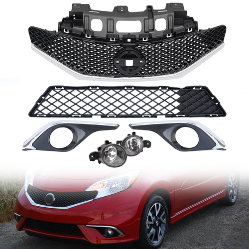6pcs Front Bumper Upper Lower Grille+Fog Lights For 2015-2016 Nissan Versa Note
