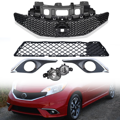 6pcs Front Bumper Upper Lower Grille+Fog Lights For 2015-2016 Nissan Versa Note