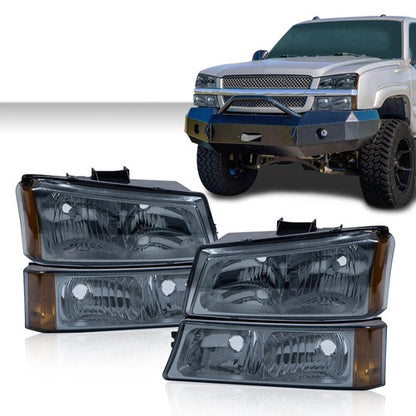 Solid Spare Fit For 2003-2007 Chevy Silverado Avalanche Headlights+Signal Bumper Lamps Smoke