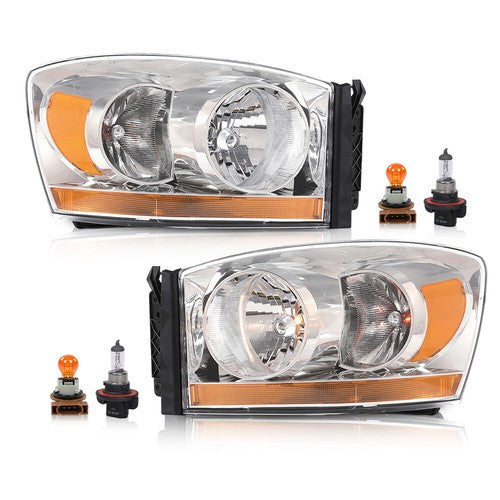 Solid Spare Fit For 2006-2008 Dodge Ram 1500/2006-09 Ram 2500 3500 Amber Chrome Headlights