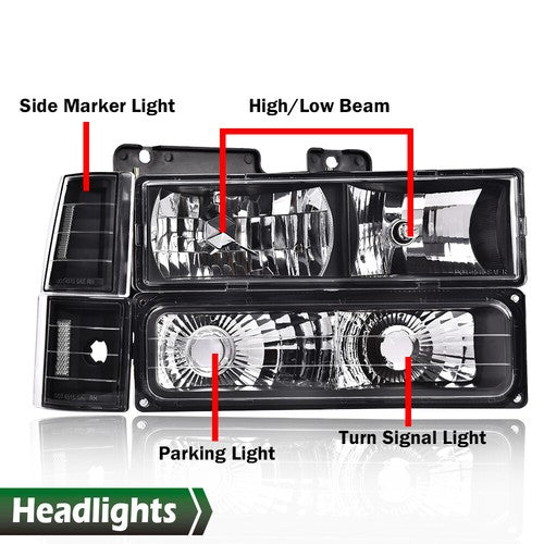 Solid Spare Fit For 1994-1998 GMC C10 C/K Sierra Clear Corner Black Headlights Bumper Lamps