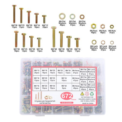 Solid Spare 672Pack M4 M5 M6 Alloy Steel Nuts Flat and Bolts & Lock Washers Assortment Kit