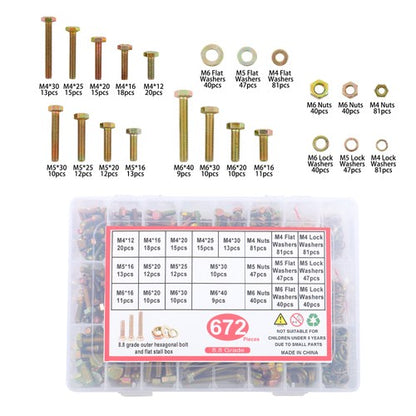 Solid Spare 672Pack M4 M5 M6 Alloy Steel Nuts Flat and Bolts & Lock Washers Assortment Kit