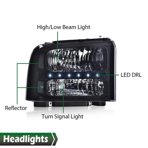 Solid Spare Fit For 2005-2007 F250 F350 F450 Super Duty LED DRL Black Clear Headlights Lamps