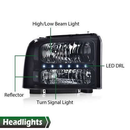 Solid Spare Fit For 2005-2007 F250 F350 F450 Super Duty LED DRL Black Clear Headlights Lamps
