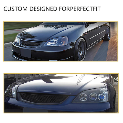 Fits 2001-2003 Honda Civic Sedan Front Mesh Grille & Clear Lens Fog Lights Lamps