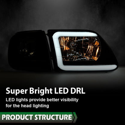 Solid Spare LED Tube Headlights & Corner Parking Lights Smoke Fit For 97-04 F150 Expedition