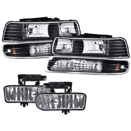 Solid Spare Fit For 99-02 Chevy Silverado/00-06 Suburban Black Clear Headlights + Fog Lights