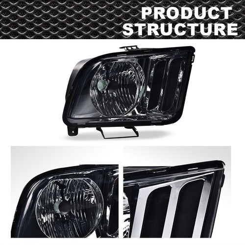 Solid Spare Fit For 2005 2006 2007 2008 2009 Ford Mustang Headlight HeadLamps Smoked/Black