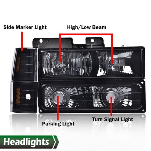 Solid Spare Fit For 1994-1998 GMC C10 C/K Sierra Suburban Yukon Smoked Lens Headlights