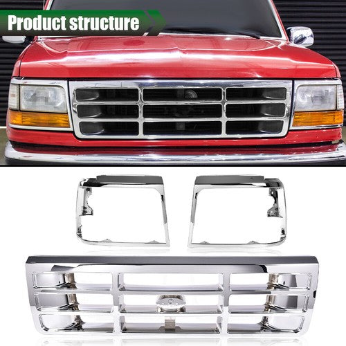 Solid Spare Front Grille+Headlight Trim Bezel Chrome Set Fit For 1992-1996 Ford Bronco F150
