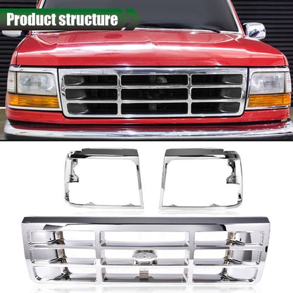 Solid Spare Front Grille+Headlight Trim Bezel Chrome Set Fit For 1992-1996 Ford Bronco F150