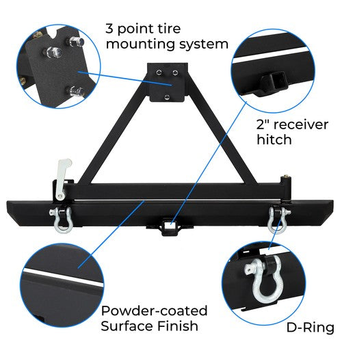 Solid Spare Rear Bumper with Tire Carrier & D-Ring Fit for 87-96 YJ & 97-06 TJ Jeep Wrangler