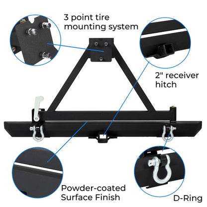 Solid Spare Rear Bumper with Tire Carrier & D-Ring Fit for 87-96 YJ & 97-06 TJ Jeep Wrangler