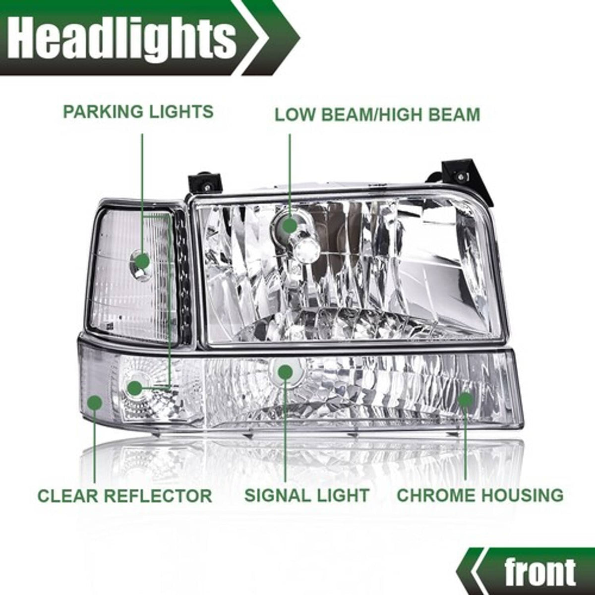 Solid Spare Fit For 92-96 Ford F-150 Bronco Chrome Headlights+Clear Reflector Bumper Lamps