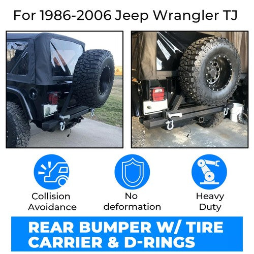 Solid Spare Rear Bumper with Tire Carrier & D-Ring Fit for 87-96 YJ & 97-06 TJ Jeep Wrangler