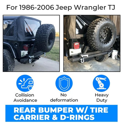 Solid Spare Rear Bumper with Tire Carrier & D-Ring Fit for 87-96 YJ & 97-06 TJ Jeep Wrangler
