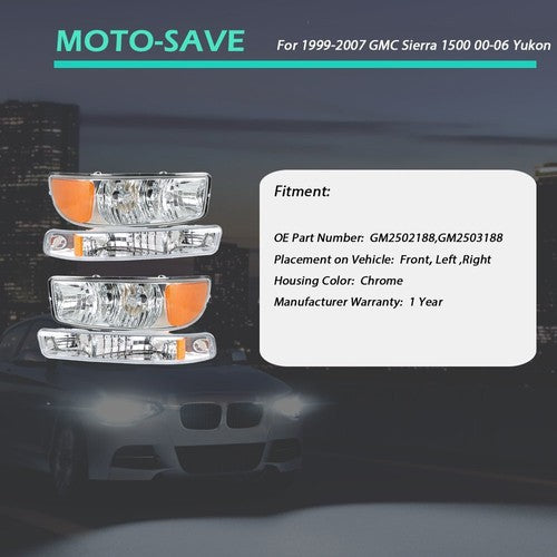 Solid Spare Pair Set For GMC Sierra 1500 1999-2007 Headlight Replacement Halogen Clear Lens