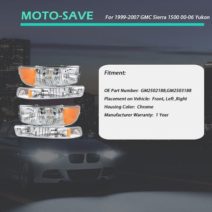 Solid Spare Pair Set For GMC Sierra 1500 1999-2007 Headlight Replacement Halogen Clear Lens