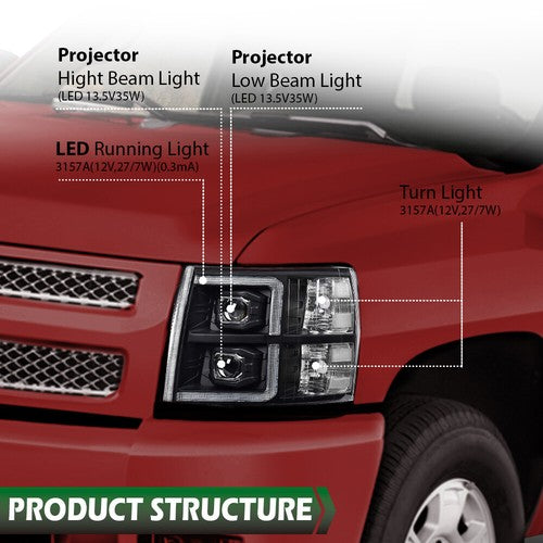 Solid Spare Fit For 07-13 Chevy Silverado 1500/2500/3500 LED Projector Headlights Black