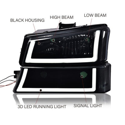 Solid Spare Fit For 03-06 Chevy Silverado 1500 Smoke LED Tube Headlights+Red Tail Lights