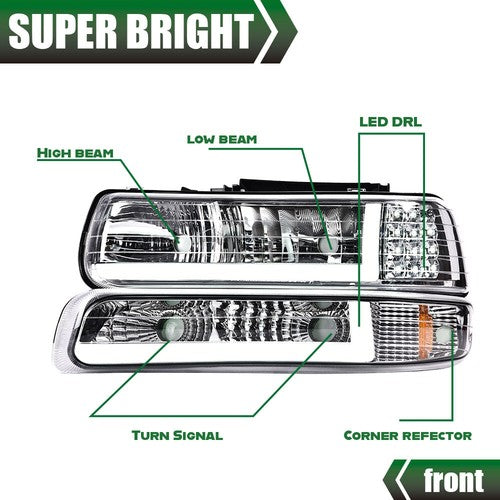 Solid Spare LED DRL Chrome Headlights Fit For 99-02 Chevy Silverado/00-06 Suburban Tahoe