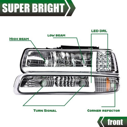 Solid Spare LED DRL Chrome Headlights Fit For 99-02 Chevy Silverado/00-06 Suburban Tahoe