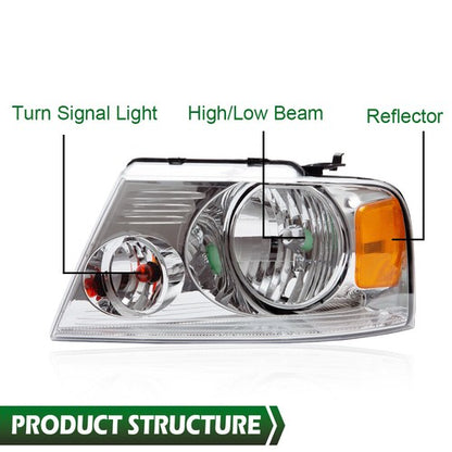 Solid Spare Fit For 2004-2008 Ford F150 Headlights Assembly Chrome Housing Amber Reflector