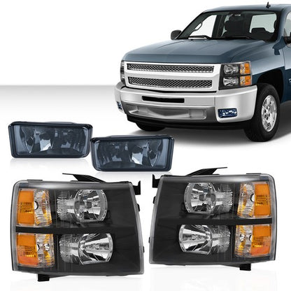 Solid Spare FIT FOR 07-13 CHEVY SILVERADO LEFT+RIGHT HEADLIGHTS +SMOKED FOG LAMPS BLACK