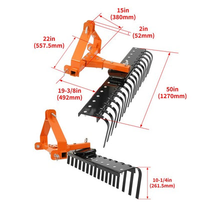 Solid Spare Cat 0 Tractor Attachment 50" 3-Point Landscape Rake Rock Rake Suitable for lawns