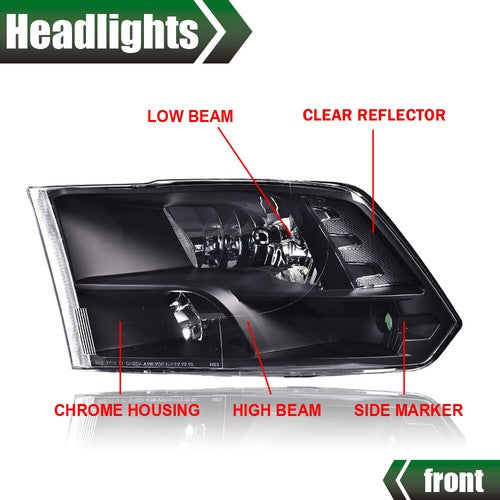 Solid Spare Fit For 2009-2018 Ram 1500 2500 3500 Black Housing Clear Corner Headlights Pair