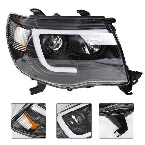 Solid Spare For Toyota Tacoma 2005-2011 Black LED Tube Projector Headlights Headlamp Pair