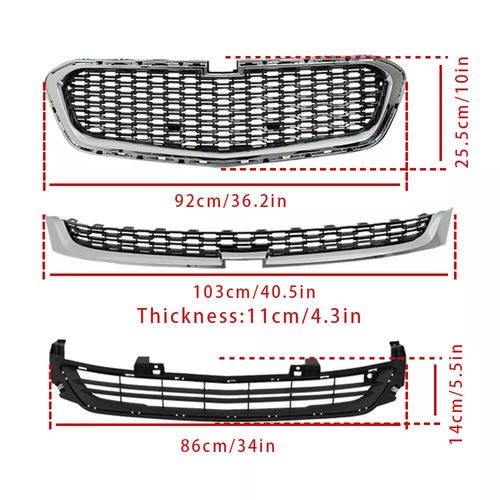 Fits 2014-2016 Chevrolet Malibu Grill Front Upper/Center/Lower Grille Chrome Set