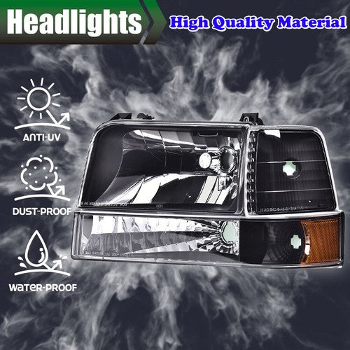Solid Spare Fit For 1992-1996 Ford F150 F250 F350 Bronco Amber Reflector Black Headlights