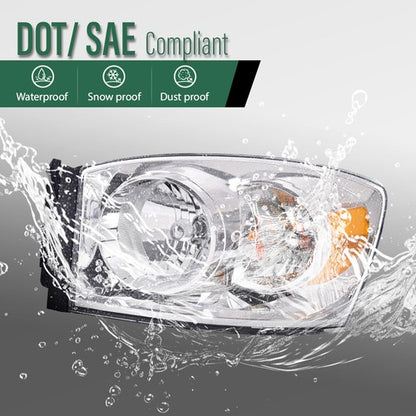 Solid Spare Fit For 06-08 Dodge Ram 1500/06-09 Ram 2500 3500 Amber Chrome Headlight Left