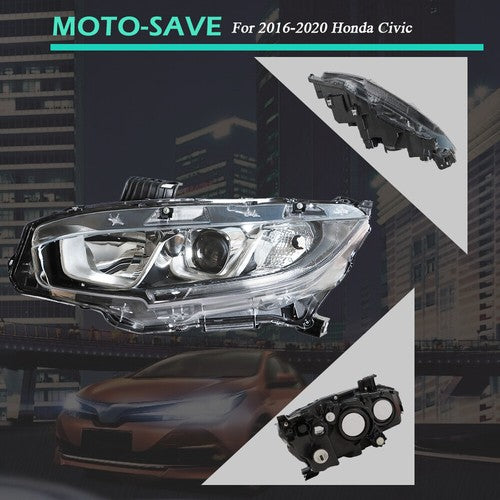 Solid Spare For Honda Civic 2016-2020 Headlight Assembly Halogen Chrome Clear Driver Side